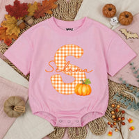 Personalized Pumpkin Baby Romper with Gingham Initial and Name, Soft Cotton Bubble Romper for Fall, Thanksgiving, Matching Family Outfit