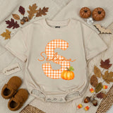 Personalized Pumpkin Baby Romper with Gingham Initial and Name, Soft Cotton Bubble Romper for Fall, Thanksgiving, Matching Family Outfit