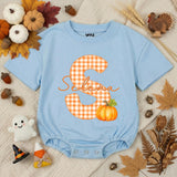 Personalized Pumpkin Baby Romper with Gingham Initial and Name, Soft Cotton Bubble Romper for Fall, Thanksgiving, Matching Family Outfit
