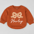 Personalized Pumpkin Bow Baby Romper with Name, Custom Fall Outfit for Girls, Soft Cotton Long Sleeve Bubble Bodysuit for Autumn Events