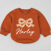 Personalized Pumpkin Bow Baby Romper with Name, Custom Fall Outfit for Girls, Soft Cotton Long Sleeve Bubble Bodysuit for Autumn Events