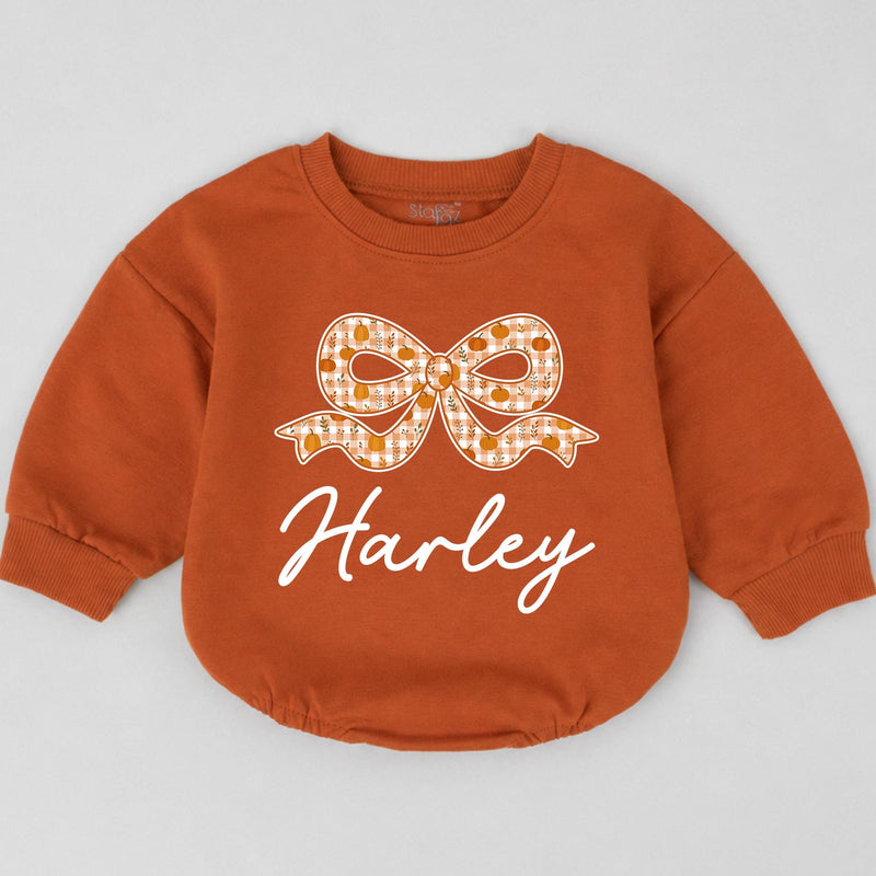 Personalized Pumpkin Bow Baby Romper with Name, Custom Fall Outfit for Girls, Soft Cotton Long Sleeve Bubble Bodysuit for Autumn Events