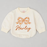 Personalized Pumpkin Bow Baby Romper with Name, Custom Fall Outfit for Girls, Soft Cotton Long Sleeve Bubble Bodysuit for Autumn Events