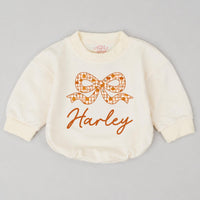 Personalized Pumpkin Bow Baby Romper with Name, Custom Fall Outfit for Girls, Soft Cotton Long Sleeve Bubble Bodysuit for Autumn Events