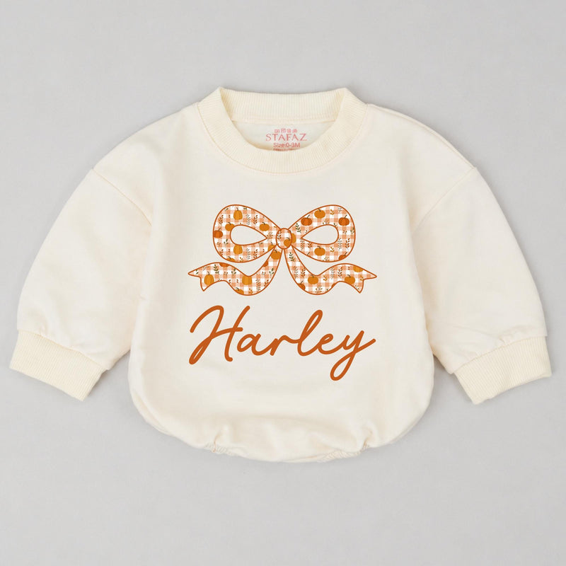 Personalized Pumpkin Bow Baby Romper with Name, Custom Fall Outfit for Girls, Soft Cotton Long Sleeve Bubble Bodysuit for Autumn Events