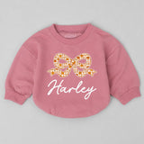 Personalized Pumpkin Bow Baby Romper with Name, Custom Fall Outfit for Girls, Soft Cotton Long Sleeve Bubble Bodysuit for Autumn Events