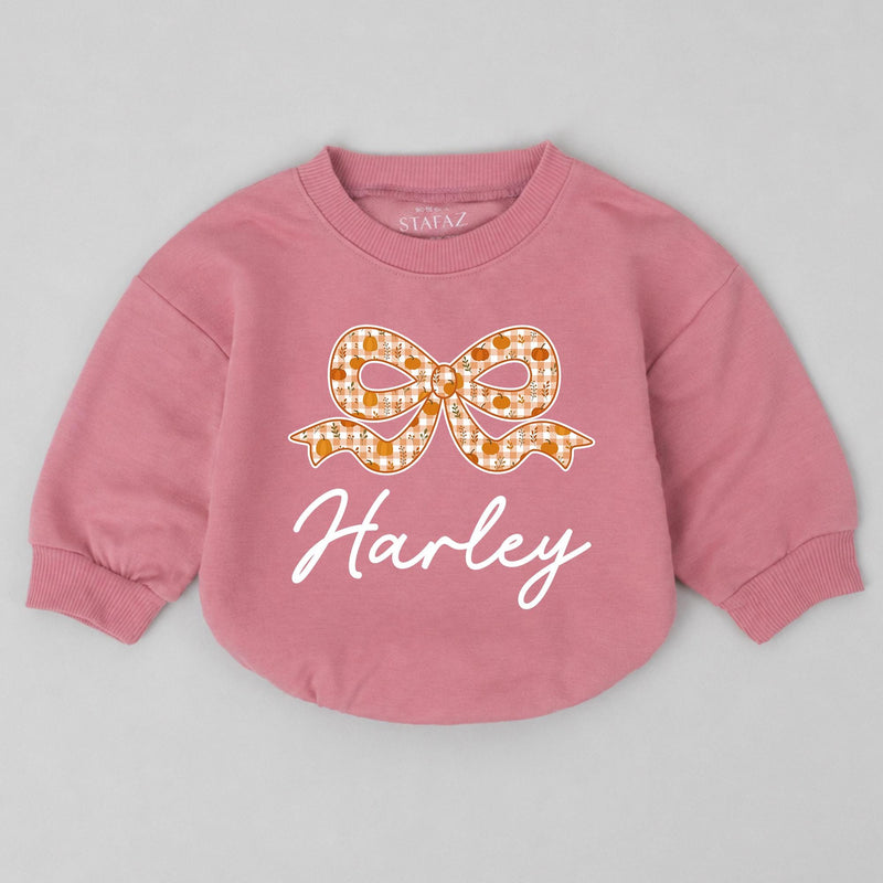 Personalized Pumpkin Bow Baby Romper with Name, Custom Fall Outfit for Girls, Soft Cotton Long Sleeve Bubble Bodysuit for Autumn Events