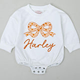 Personalized Pumpkin Bow Baby Romper with Name, Custom Fall Outfit for Girls, Soft Cotton Long Sleeve Bubble Bodysuit for Autumn Events
