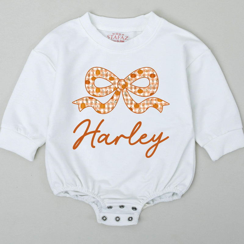Personalized Pumpkin Bow Baby Romper with Name, Custom Fall Outfit for Girls, Soft Cotton Long Sleeve Bubble Bodysuit for Autumn Events