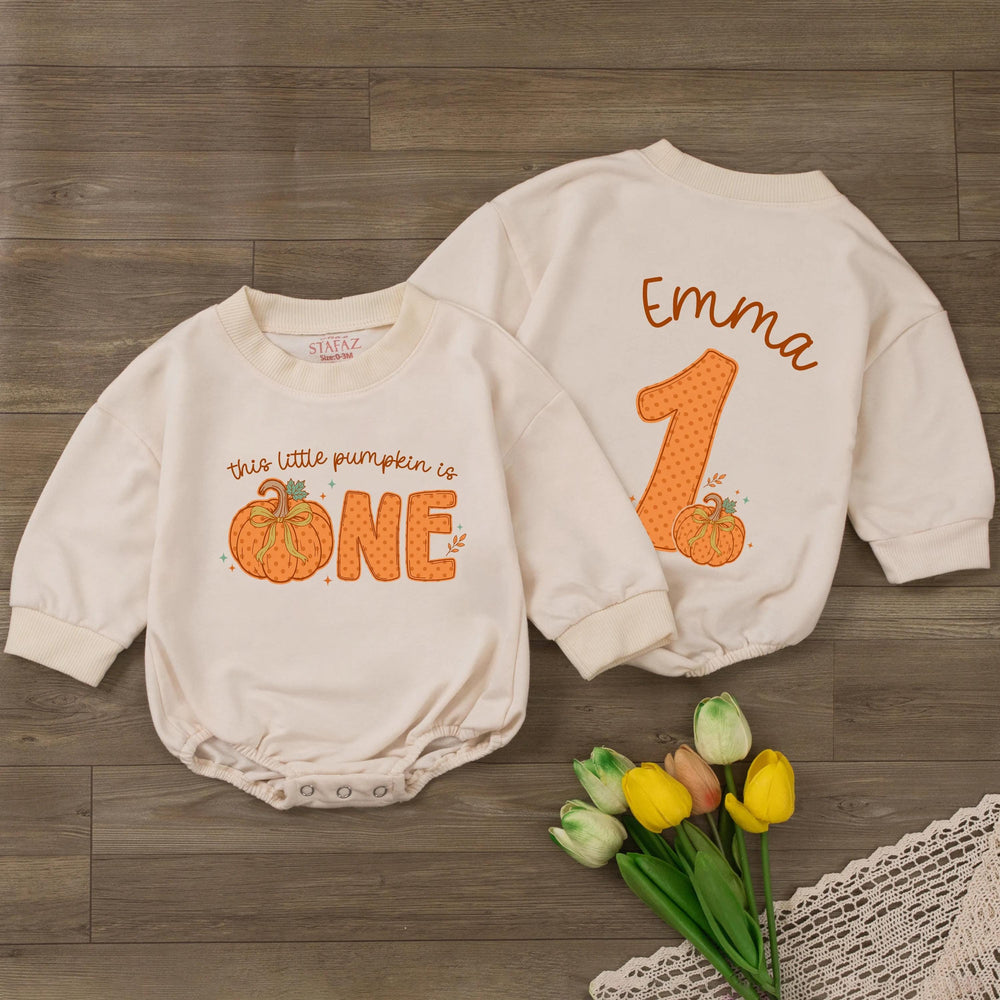 Personalized Pumpkin First Birthday Romper for Baby, This Little Pumpkin Is One Outfit, Fall Birthday Clothes with Custom Name Design