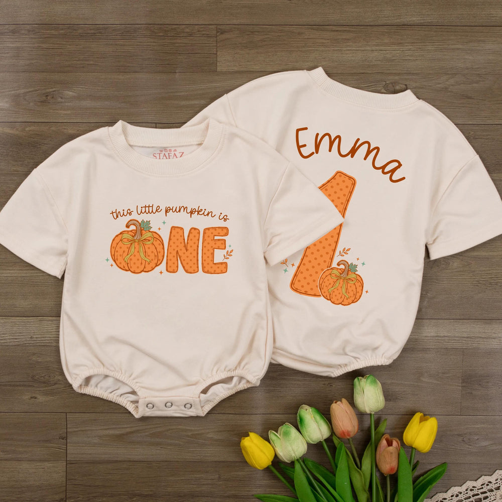 Personalized Pumpkin First Birthday Romper for Baby, This Little Pumpkin Is One Outfit, Fall Birthday Clothes with Custom Name Design