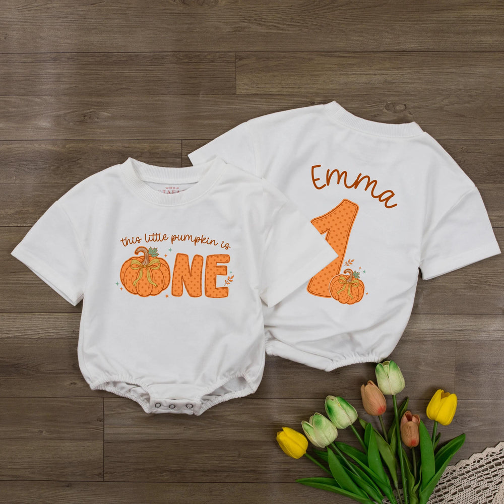 Personalized Pumpkin First Birthday Romper for Baby, This Little Pumpkin Is One Outfit, Fall Birthday Clothes with Custom Name Design