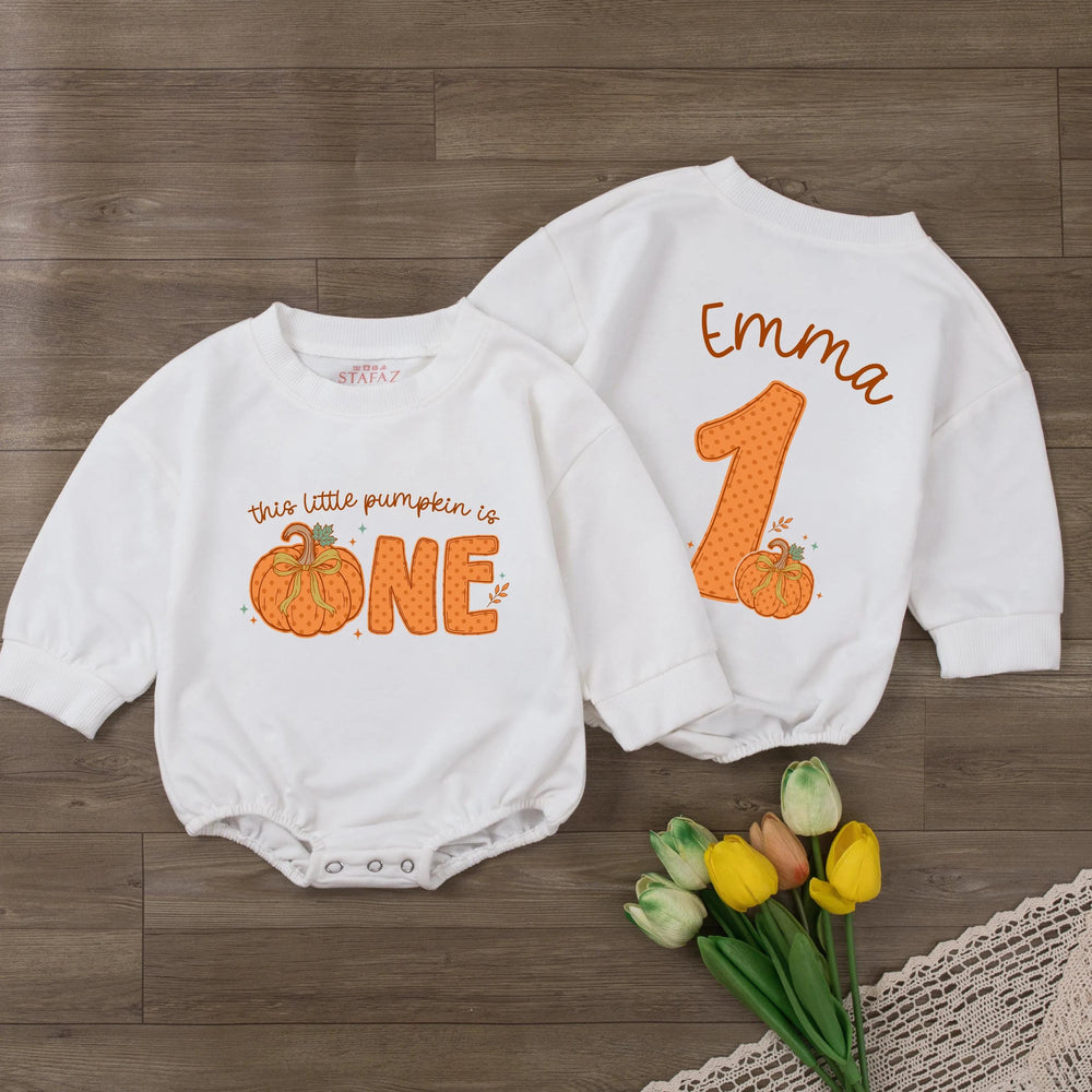 Personalized Pumpkin First Birthday Romper for Baby, This Little Pumpkin Is One Outfit, Fall Birthday Clothes with Custom Name Design