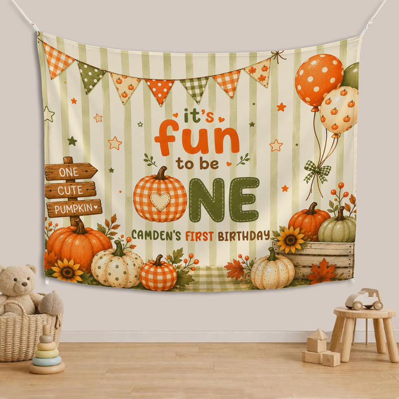 Personalized Pumpkin First Birthday Silk Banner with Striped Fall Design, Custom Name Decor for Baby Milestone Party or Photo Backdrop