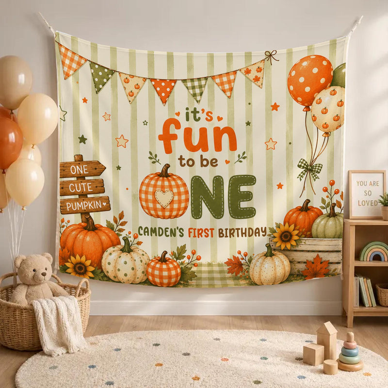 Personalized Pumpkin First Birthday Silk Banner with Striped Fall Design, Custom Name Decor for Baby Milestone Party or Photo Backdrop