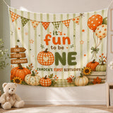 Personalized Pumpkin First Birthday Silk Banner with Striped Fall Design, Custom Name Decor for Baby Milestone Party or Photo Backdrop