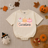 Personalized Pumpkin Gingham Baby Romper for Girls Soft Cotton Fall Halloween Outfit with Custom Name Baby Shower Gift