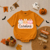 Personalized Pumpkin Gingham Baby Romper for Girls Soft Cotton Fall Halloween Outfit with Custom Name Baby Shower Gift