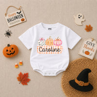 Personalized Pumpkin Gingham Baby Romper for Girls Soft Cotton Fall Halloween Outfit with Custom Name Baby Shower Gift