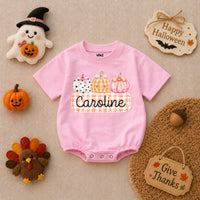 Personalized Pumpkin Gingham Baby Romper for Girls Soft Cotton Fall Halloween Outfit with Custom Name Baby Shower Gift