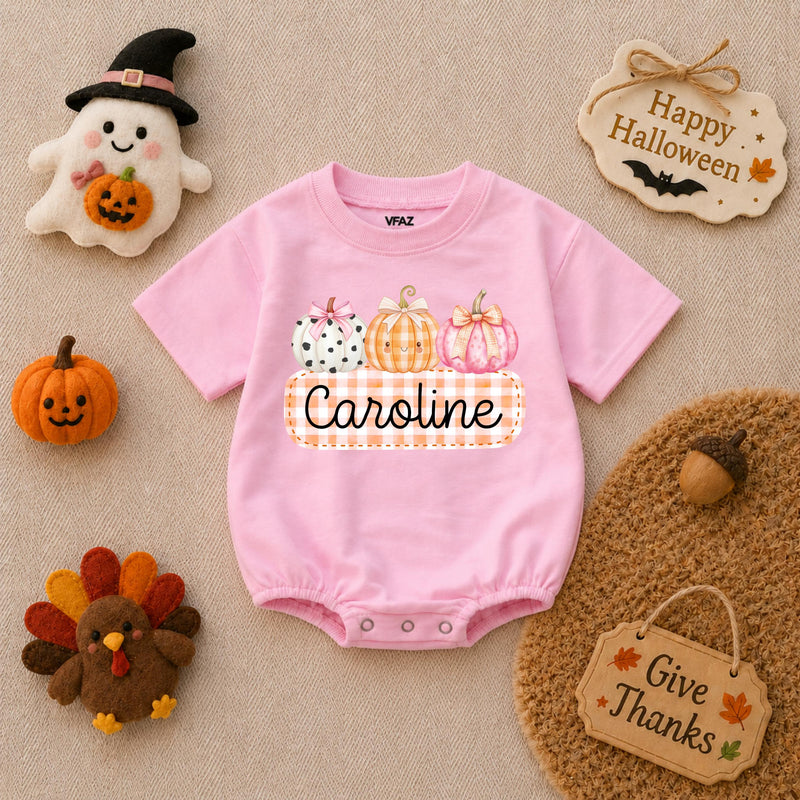 Personalized Pumpkin Gingham Baby Romper for Girls Soft Cotton Fall Halloween Outfit with Custom Name Baby Shower Gift