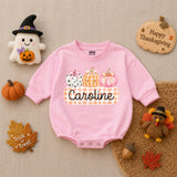 Personalized Pumpkin Gingham Baby Romper for Girls Soft Cotton Fall Halloween Outfit with Custom Name Baby Shower Gift