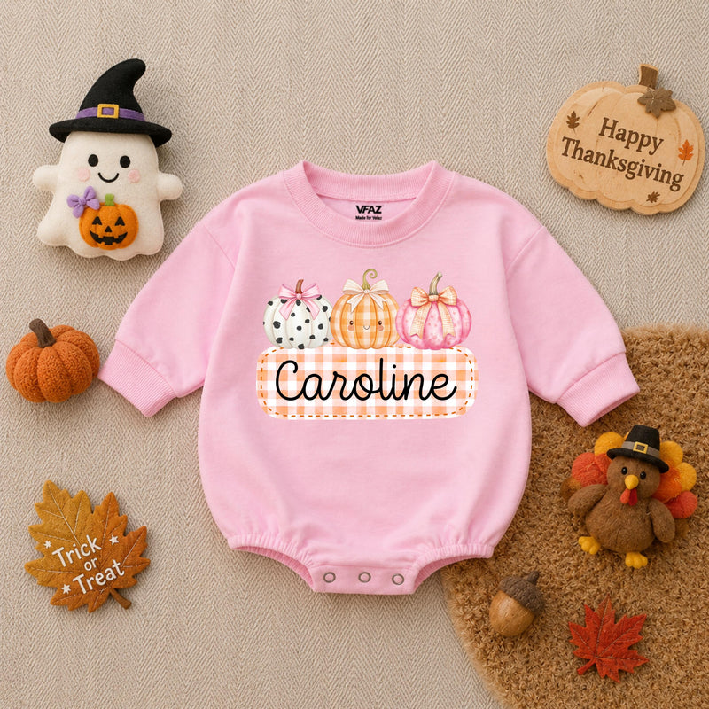 Personalized Pumpkin Gingham Baby Romper for Girls Soft Cotton Fall Halloween Outfit with Custom Name Baby Shower Gift
