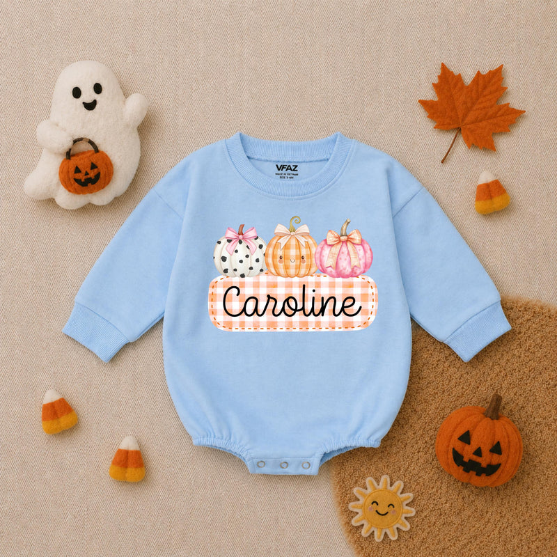 Personalized Pumpkin Gingham Baby Romper for Girls Soft Cotton Fall Halloween Outfit with Custom Name Baby Shower Gift