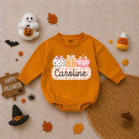 Personalized Pumpkin Gingham Baby Romper for Girls Soft Cotton Fall Halloween Outfit with Custom Name Baby Shower Gift