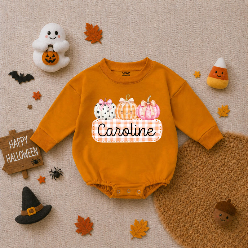 Personalized Pumpkin Gingham Baby Romper for Girls Soft Cotton Fall Halloween Outfit with Custom Name Baby Shower Gift