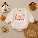 Personalized Pumpkin Gingham Baby Romper for Girls Soft Cotton Fall Halloween Outfit with Custom Name Baby Shower Gift