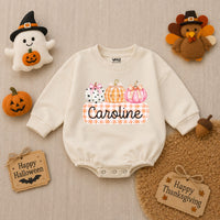 Personalized Pumpkin Gingham Baby Romper for Girls Soft Cotton Fall Halloween Outfit with Custom Name Baby Shower Gift