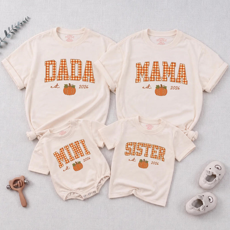 Personalized Pumpkin Gingham Family Shirts & Romper, Custom Baby Mini, Sister, Mama, Dada Fall Outfit, Soft Cotton for Autumn Celebrations