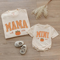 Personalized Pumpkin Gingham Family Shirts & Romper, Custom Baby Mini, Sister, Mama, Dada Fall Outfit, Soft Cotton for Autumn Celebrations