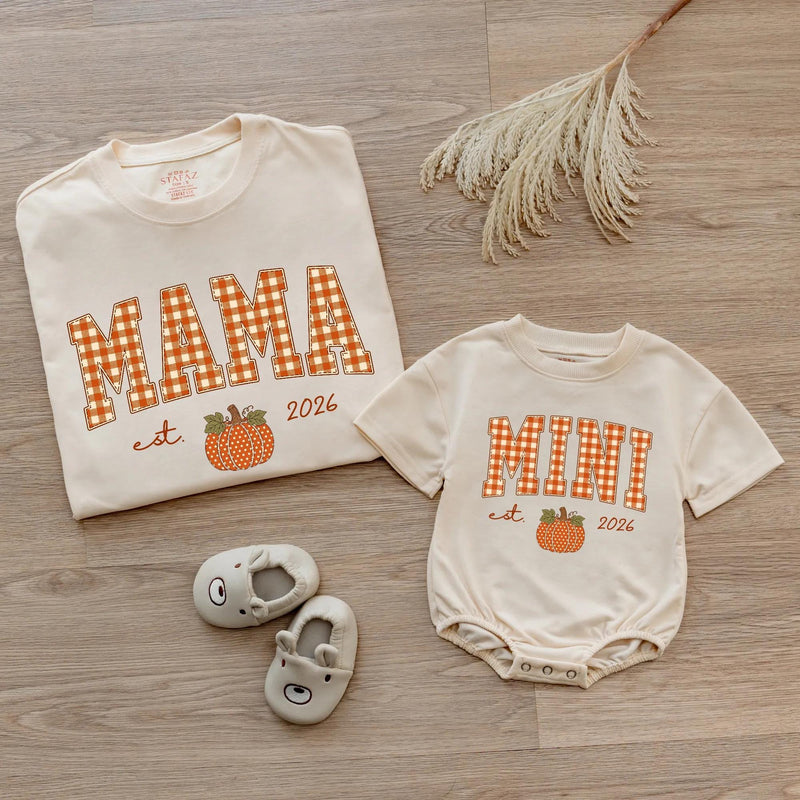 Personalized Pumpkin Gingham Family Shirts & Romper, Custom Baby Mini, Sister, Mama, Dada Fall Outfit, Soft Cotton for Autumn Celebrations