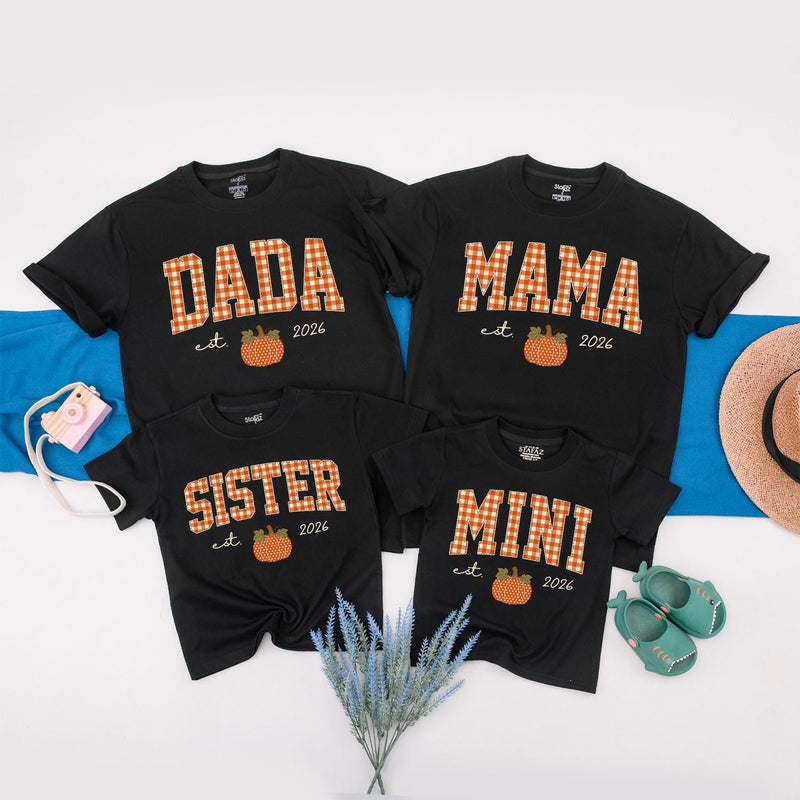 Personalized Pumpkin Gingham Family Shirts & Romper, Custom Baby Mini, Sister, Mama, Dada Fall Outfit, Soft Cotton for Autumn Celebrations