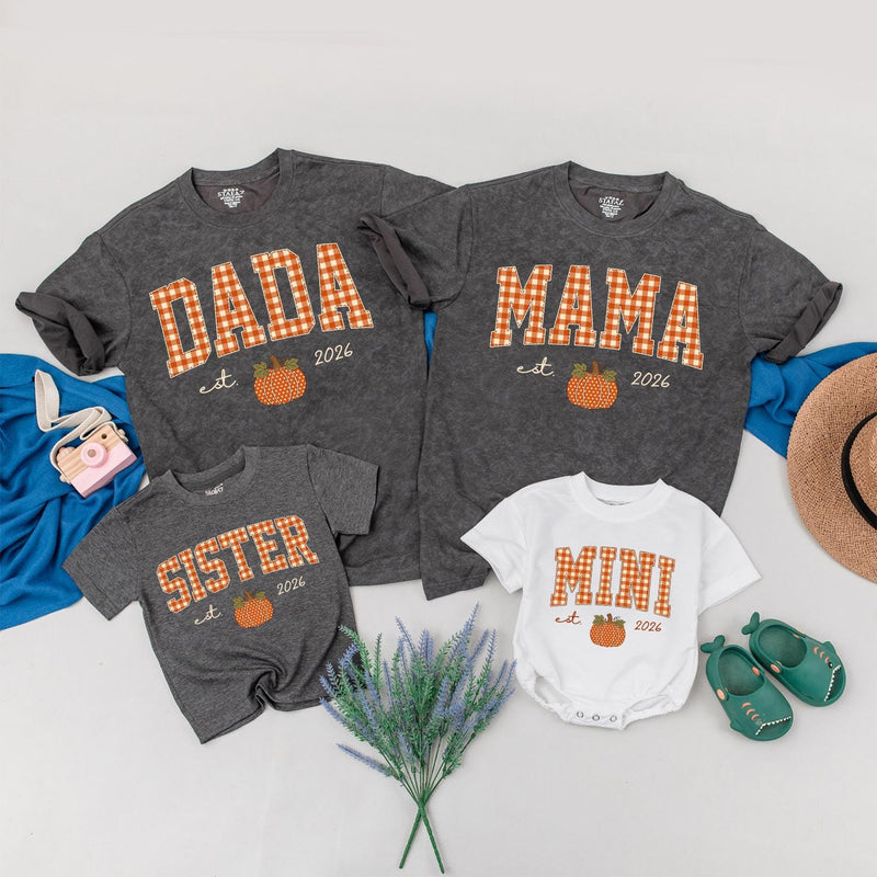 Personalized Pumpkin Gingham Family Shirts & Romper, Custom Baby Mini, Sister, Mama, Dada Fall Outfit, Soft Cotton for Autumn Celebrations