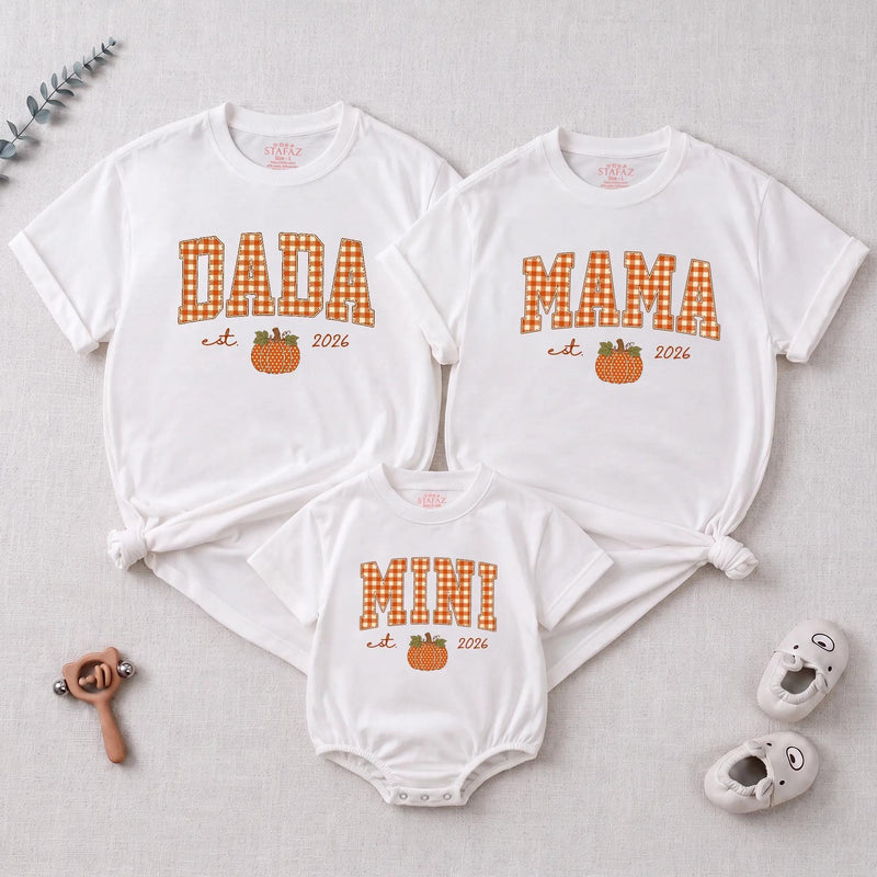 Personalized Pumpkin Gingham Family Shirts & Romper, Custom Baby Mini, Sister, Mama, Dada Fall Outfit, Soft Cotton for Autumn Celebrations