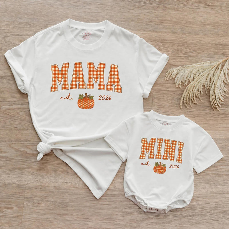 Personalized Pumpkin Gingham Family Shirts & Romper, Custom Baby Mini, Sister, Mama, Dada Fall Outfit, Soft Cotton for Autumn Celebrations