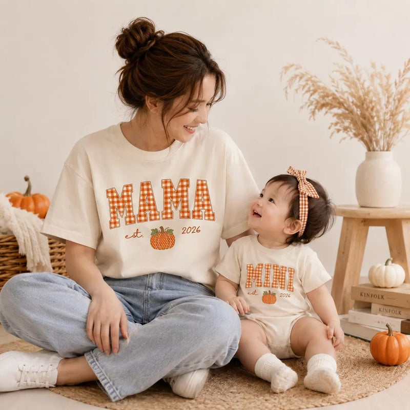 Personalized Pumpkin Gingham Family Shirts & Romper, Custom Baby Mini, Sister, Mama, Dada Fall Outfit, Soft Cotton for Autumn Celebrations