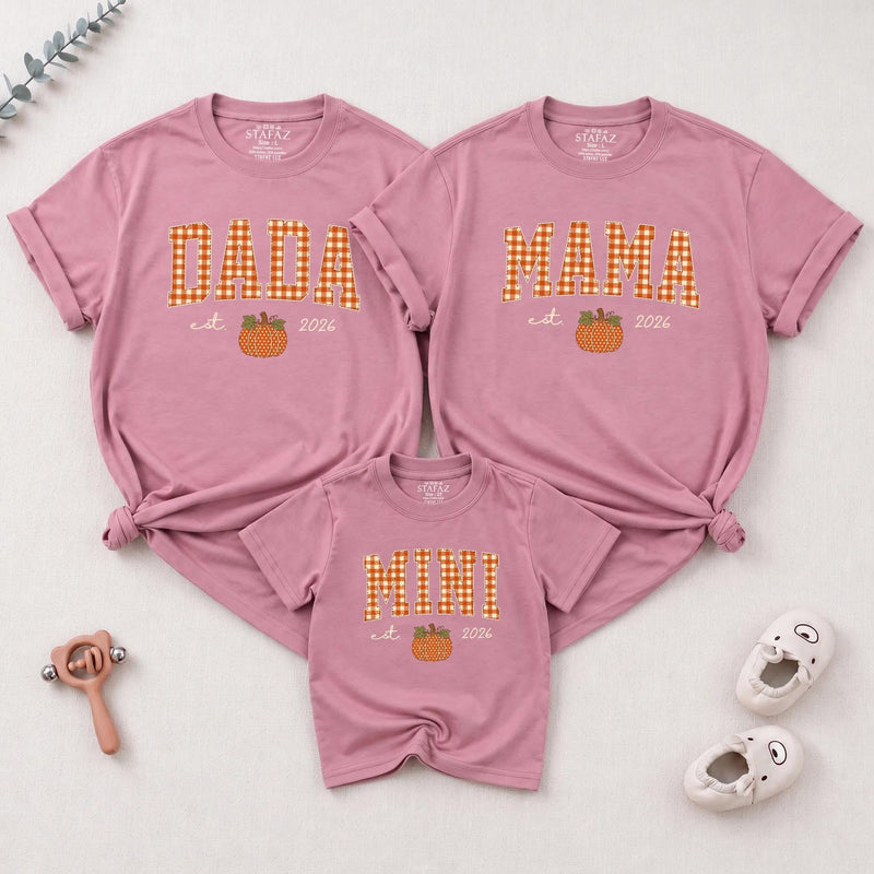 Personalized Pumpkin Gingham Family Shirts & Romper, Custom Baby Mini, Sister, Mama, Dada Fall Outfit, Soft Cotton for Autumn Celebrations