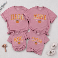 Personalized Pumpkin Gingham Family Shirts & Romper, Custom Baby Mini, Sister, Mama, Dada Fall Outfit, Soft Cotton for Autumn Celebrations