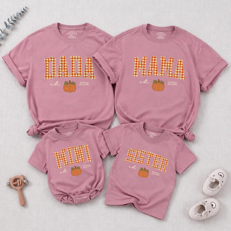 Personalized Pumpkin Gingham Family Shirts & Romper, Custom Baby Mini, Sister, Mama, Dada Fall Outfit, Soft Cotton for Autumn Celebrations