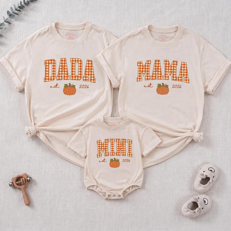 Personalized Pumpkin Gingham Family Shirts & Romper, Custom Baby Mini, Sister, Mama, Dada Fall Outfit, Soft Cotton for Autumn Celebrations