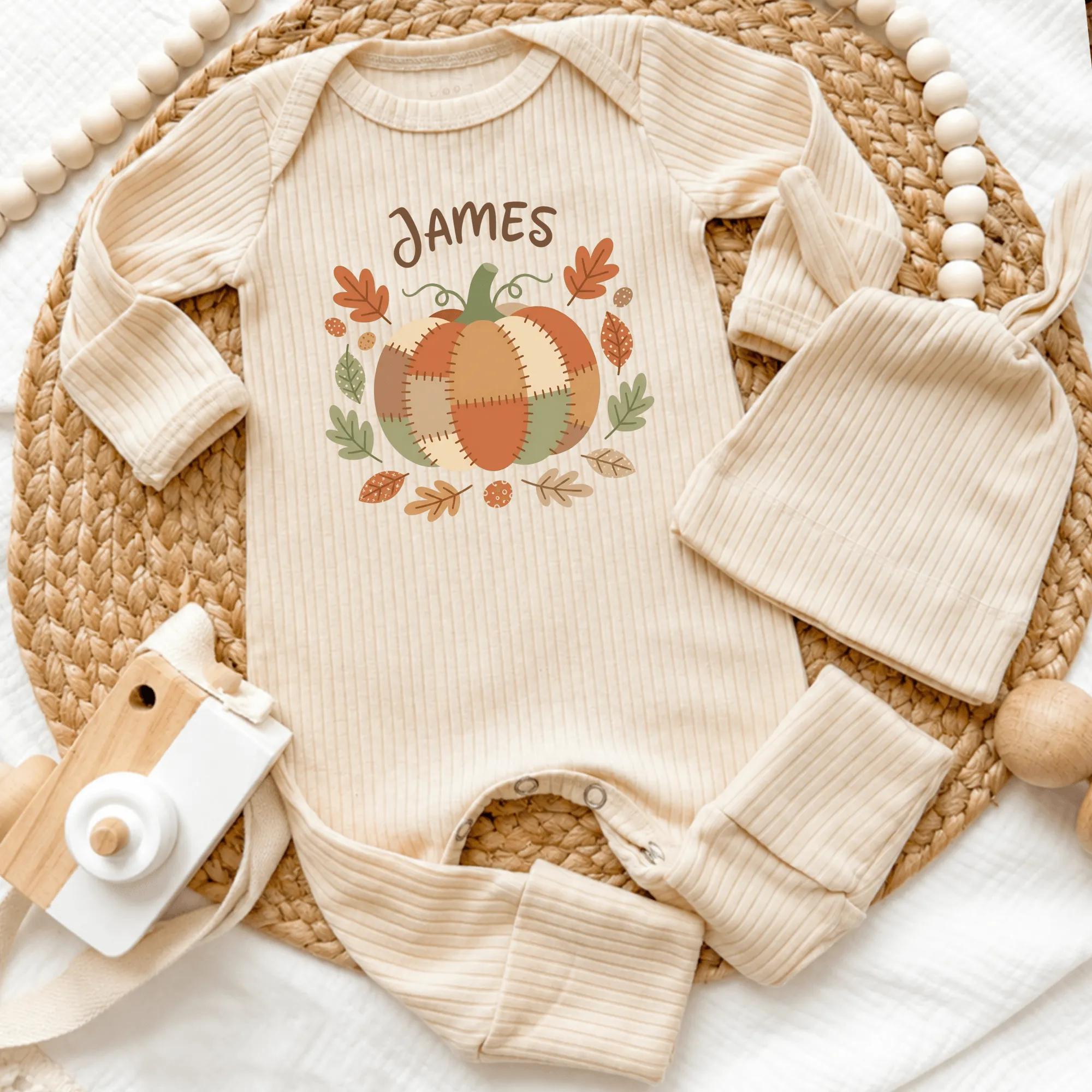 Personalized Pumpkin Patch Baby Bodysuit and Hat Set, Autumn Cotton Outfit for Newborn Boys, Custom Fall Name Design Baby Shower Gift