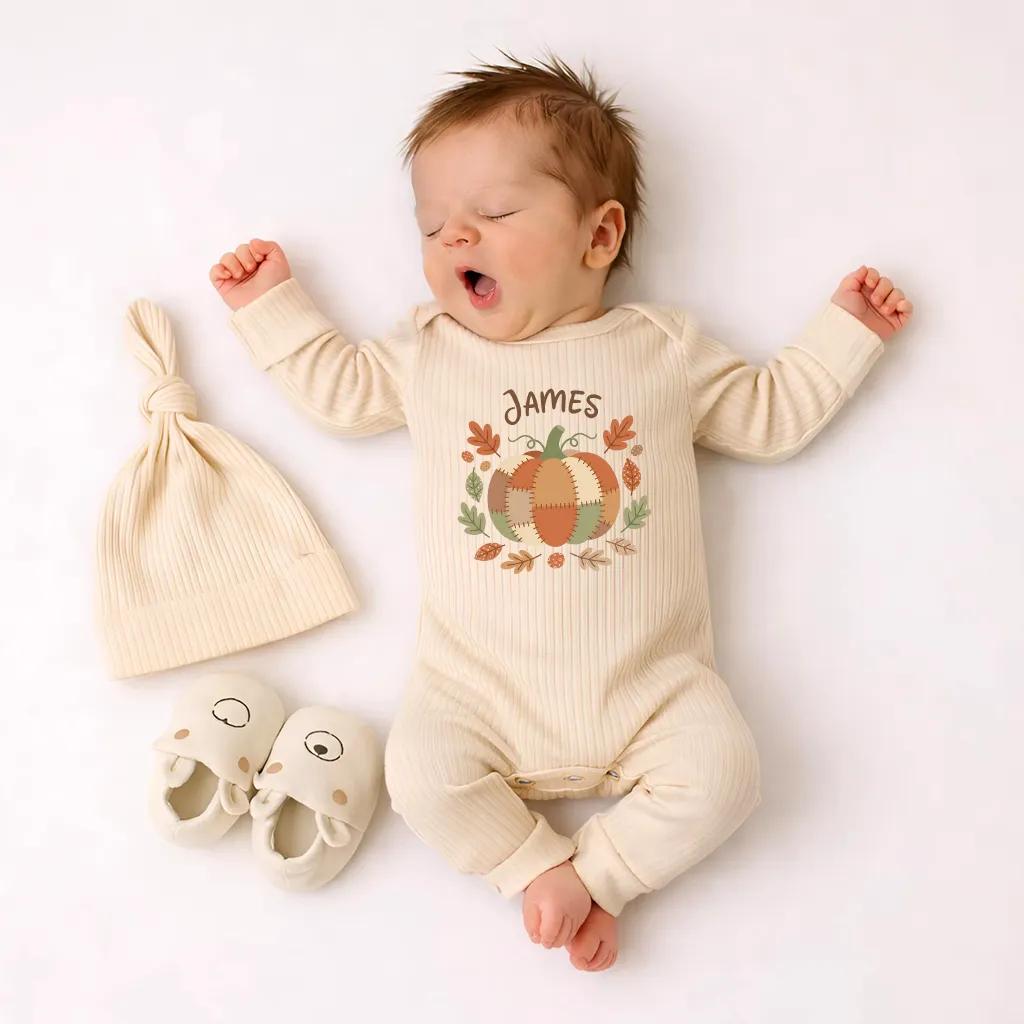 Personalized Pumpkin Patch Baby Bodysuit and Hat Set, Autumn Cotton Outfit for Newborn Boys, Custom Fall Name Design Baby Shower Gift