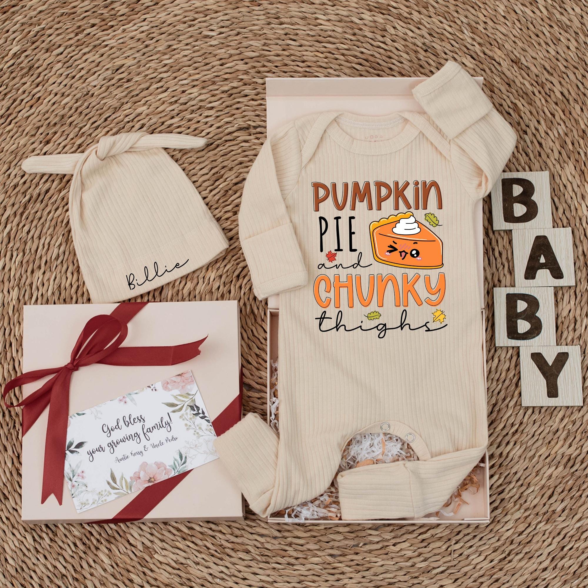 Personalized Pumpkin Pie and Chunky Thighs Baby Bodysuit Cute Fall Thanksgiving Outfit Soft Cotton Newborn Baby Shower Gift