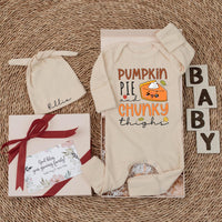 Personalized Pumpkin Pie and Chunky Thighs Baby Bodysuit Cute Fall Thanksgiving Outfit Soft Cotton Newborn Baby Shower Gift