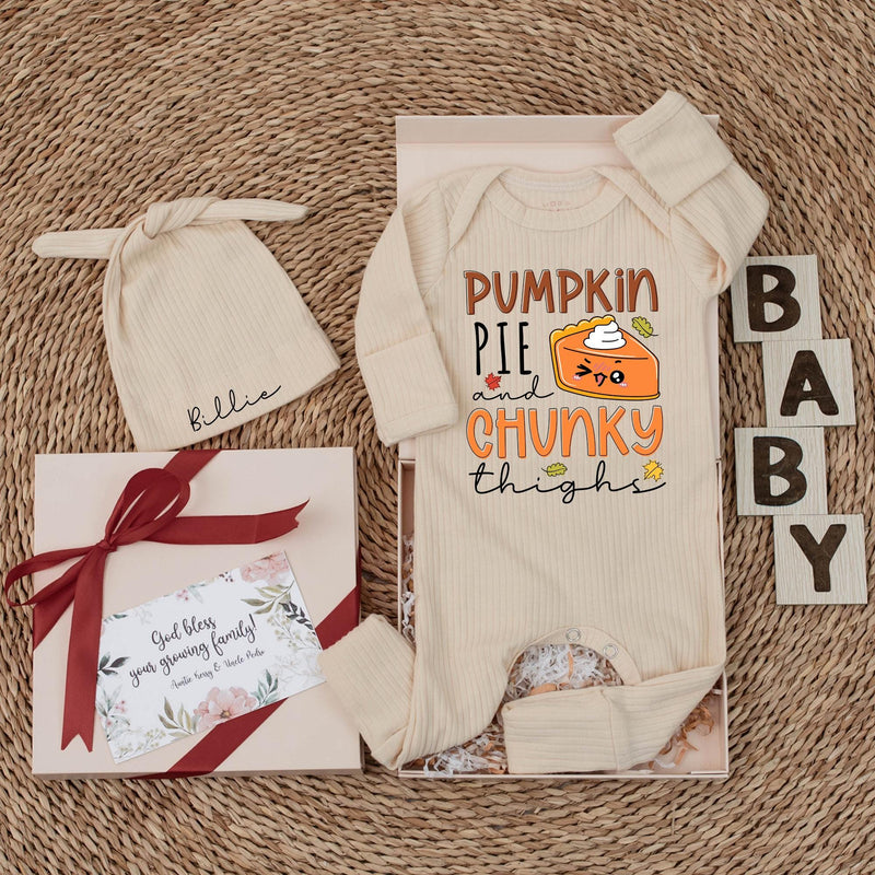 Personalized Pumpkin Pie and Chunky Thighs Baby Bodysuit Cute Fall Thanksgiving Outfit Soft Cotton Newborn Baby Shower Gift