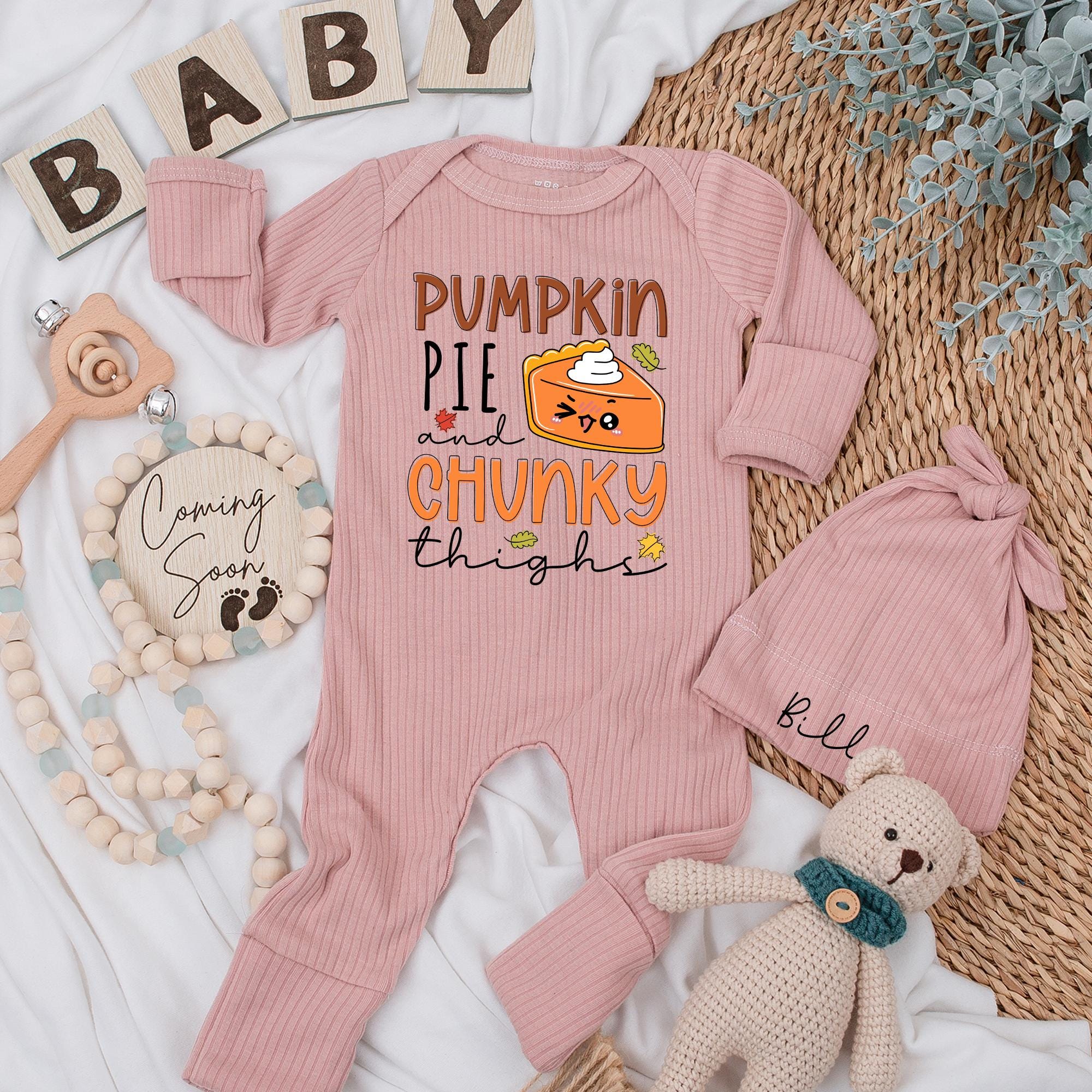 Personalized Pumpkin Pie and Chunky Thighs Baby Bodysuit Cute Fall Thanksgiving Outfit Soft Cotton Newborn Baby Shower Gift